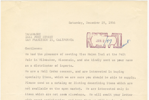 Letter from Dorothy Abhan, Evedoro Specialties, to Takahashis (ddr-densho-424-113)