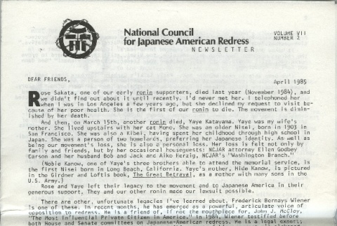 National Council for Japanese American Redress Newsletter, Vol. VII No. 2 (ddr-densho-274-50)