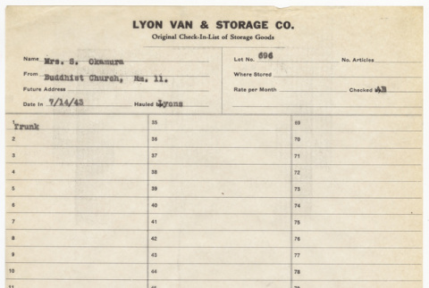 Storage list for Mrs. S. Okamura (ddr-sbbt-2-174)