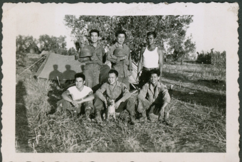 Six Soldiers pose with dog (ddr-densho-368-609)