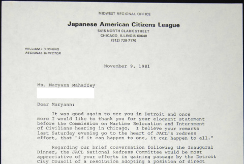 Letter to Maryann Mahaffey from William Yoshino (ddr-chijacl-1-525)