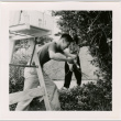 Tomoye (Nozawa) Takahashi and unidentified man pruning a bush (ddr-densho-426-2462)