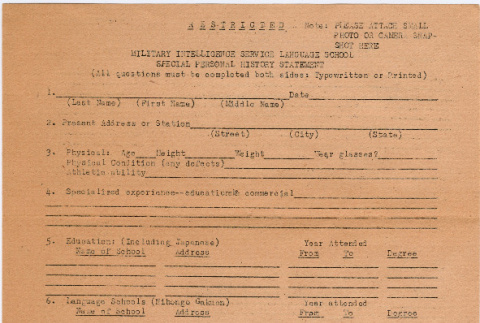 Military Intelligence Service Language School Special Personal History Statement (ddr-densho-410-606)