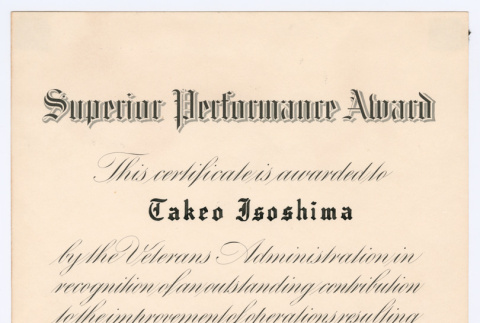 Superior Performance Award to Takeo Isoshima (ddr-densho-477-398)
