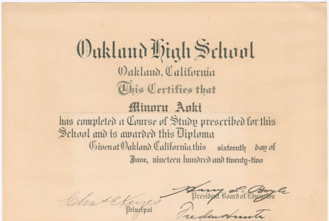 Minoru Aoki Iyeki's Oakland High School diploma (ddr-densho-392-73)