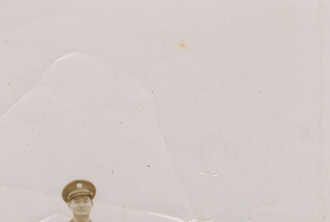 Soldier in front of Lincoln monument reflecting pool (ddr-janm-17-52)