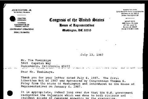 Letter from John Conyers, Jr., Member of Congress, to Tim Yoshimiya, July 13, 1987 (ddr-csujad-55-199)