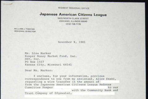 Letter and form to Lisa Marker from William Yoshino (ddr-chijacl-1-526)