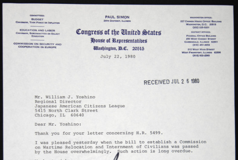 Letter to William Yoshino from Paul Simon (ddr-chijacl-1-332)
