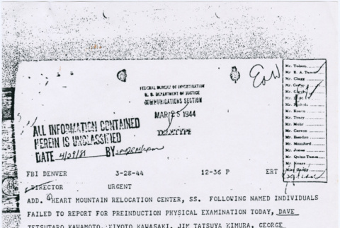 FBI memo on Nisei refusing to report for preinduction physical (ddr-densho-122-411)