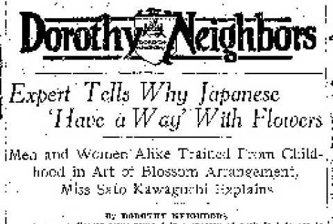 Expert Tells Why Japanese 'Have a Way' With Flowers. Men and Women Alike Trained From Childhood in Art of Blossom Arrangement, Miss Sato Kawaguchi Explains. (August 29, 1931) (ddr-densho-56-429)