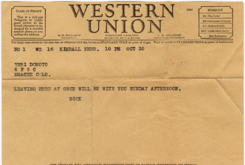 Telegram and note to Yuriko Domoto from Richard Tsukada (ddr-densho-356-435)