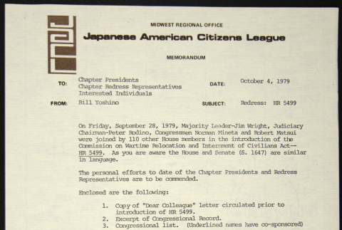 Memo to Chapter Presidents from Bill Yoshino concerning HR 5499 (ddr-chijacl-1-222)