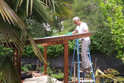 Bruce Inaba working on Potting Bench roof, designed by Hoshide-Wanzer Architects (ddr-densho-354-2545)