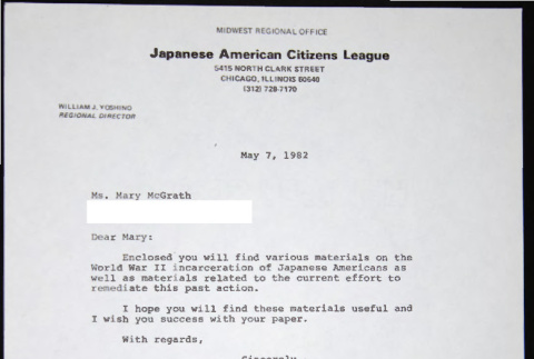 Letter to Mary McGrath from William Yoshino (ddr-chijacl-1-789)
