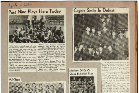 Post nine plays here today; All-Stars; Cagers smile in Defeat; Members of Co C's Champ basketball team (ddr-csujad-49-77)
