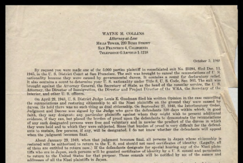 Letter from Wayne M. Collins, Attorney-at-Law, October 5, 1948 (ddr-csujad-55-2261)
