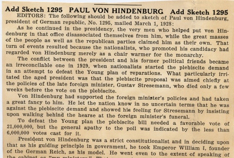Associated Press Sketch 1295 for Paul von Hindenburg (ddr-njpa-1-687)