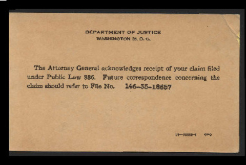 Postcard from U.S. Department of Justice to George Hideo Nakamura, July 5, 1950 (ddr-csujad-55-2449)