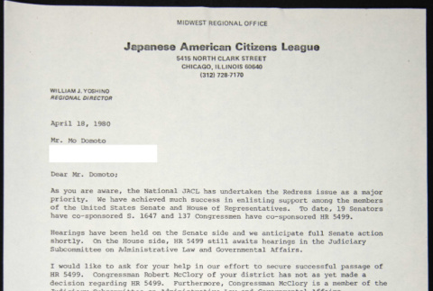 Letter to Mo Domoto from William Yoshino (ddr-chijacl-1-497)