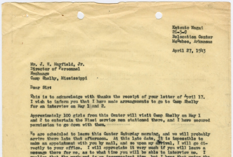 Letter from Kats Nagai to J. W. Mayfield, Jr. (ddr-densho-379-340)