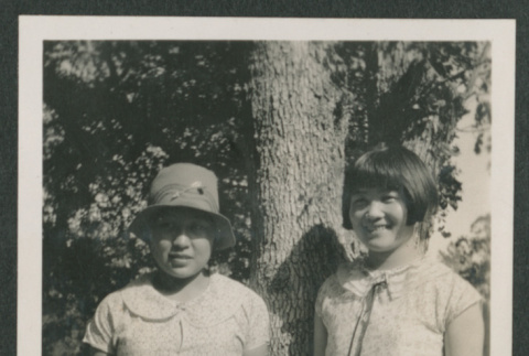 two girls next to tree (ddr-densho-378-454)
