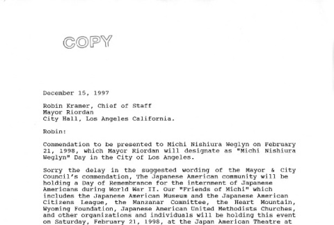 Letter to Robin Kramer, Chief of Staff for Mayor Riordan, December 15, 1997 (ddr-csujad-24-204)