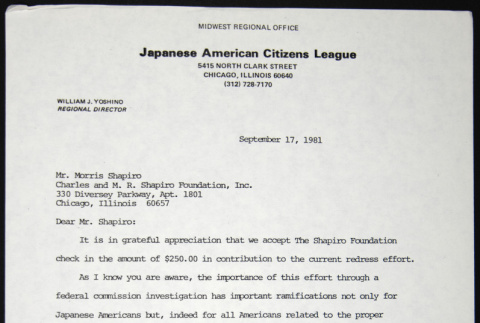Letter to Morris Shapiro from William Yoshino (ddr-chijacl-1-559)