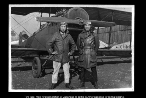 Two photos of men standing by bi-plane (ddr-ajah-6-574)