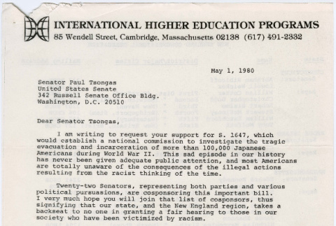 Letter from Gary A. Glenn to Senator Paul Tsongas (ddr-densho-523-746)