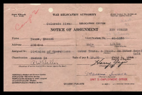 Notice of assignment, Form WRA-21, Masami Iwasa (ddr-csujad-55-165)