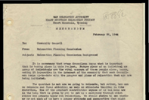 Memo from Relocation Planning Commission to Community Council, February 28, 1944 (ddr-csujad-55-603)