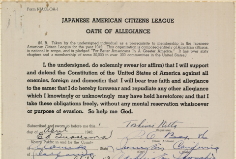 JACL Oath of Allegiance for Toshimi Nitta (ddr-ajah-7-110)