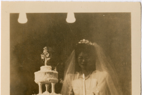 Tomoye (Nozawa) Takahashi cutting the wedding  cake (ddr-densho-410-508)