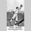 Man in baseball uniform in posed photo titled Yer Out! (ddr-ajah-5-63)