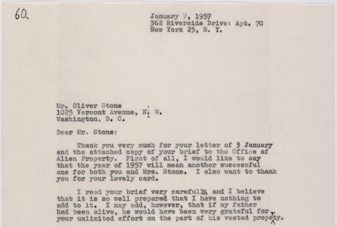 Letter from Lawrence Miwa to Oliver Ellis Stone concerning claim for James Seigo Maw's confiscated property (ddr-densho-437-243)