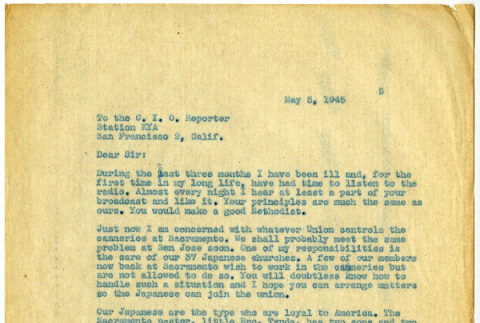 Letter from Frank Herron Smith to C. I. O. Reporter, Station KYA, San Francisco, May 5, 1945 (ddr-csujad-21-3)