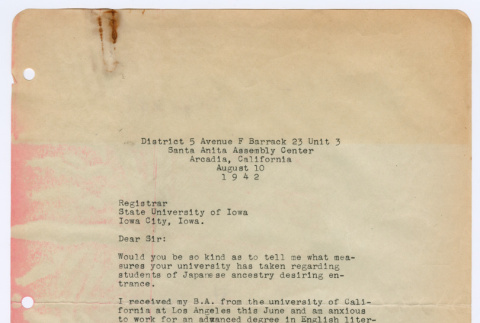 Letter from Joseph Ishikawa to State University of Iowa Registrar (ddr-densho-468-134)