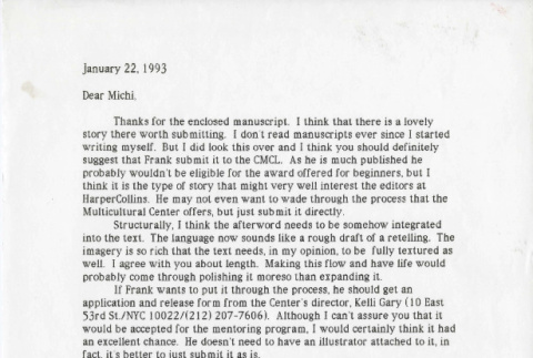 Letter from Pat [Cummings] to Michi Weglyn, January 22, 1993 (ddr-csujad-24-119)