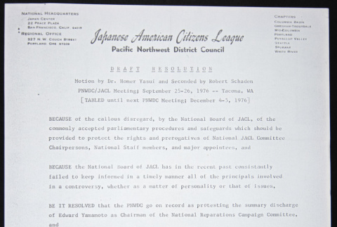 Draft Resolution opposing the dismissal of Ed Yamamoto (ddr-chijacl-1-60)