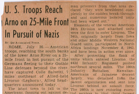 Article titled:  U.S. Troops Reach Arno on 25-Mile Front In Pursuit of Nazis (ddr-densho-539-101)