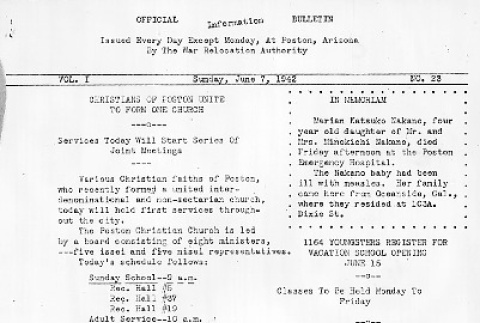 Poston Information Bulletin Vol. I No. 23 (June 7, 1942) (ddr-densho-145-23)