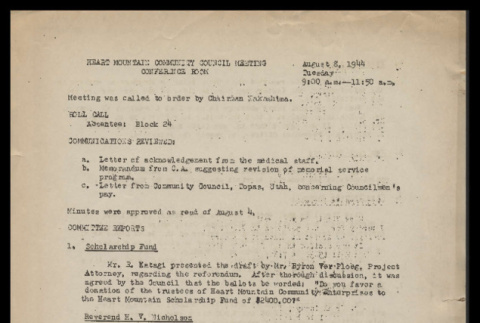 Minutes from the Heart Mountain Community Council meeting, August 8, 1944 (ddr-csujad-55-973)