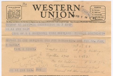 Telegram from U.S. Office of War Information Personnel Office to Ai Chih Tsai (ddr-densho-446-155)