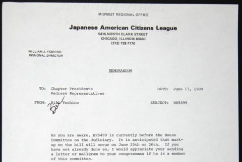 Memo to Chapter Presidents from Bill Yoshino (ddr-chijacl-1-199)