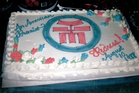 Cake celebrating the passage of the Civil Liberties Act of 1988 (ddr-densho-10-9)