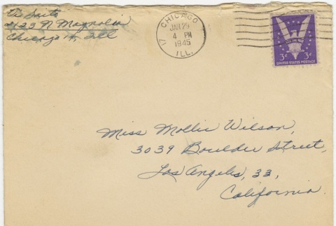 Engagement greeting card (with envelope) to Mollie Wilson from Violet Saito (January 29, 1945) (ddr-janm-1-80)