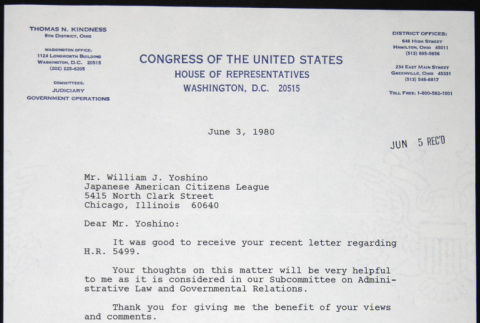 Letter to William Yoshino from Thomas Kindness (ddr-chijacl-1-352)
