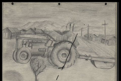 Pencil drawing of tractor and barracks in Poston (ddr-csujad-55-1895)