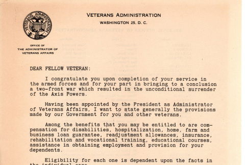 Letter from Omar Bradley as new Administrator of Veterans Affairs about benefits offered to benefits (ddr-densho-563-57)